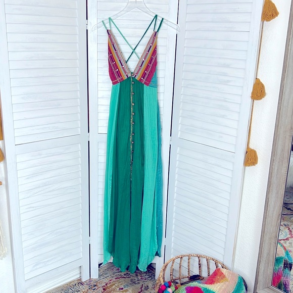 Free People l Teal Blue Bohemian Scarf Maxi Dress Music Festiva Whimsical Small - Picture 3 of 10